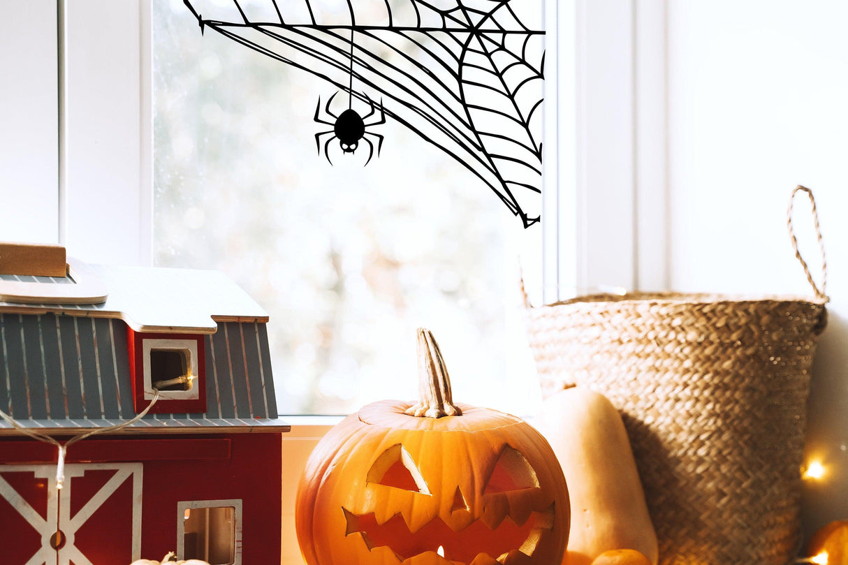 Halloween Spider Web Window Decal featuring a spooky spider, adds festive decoration to windows for Halloween.