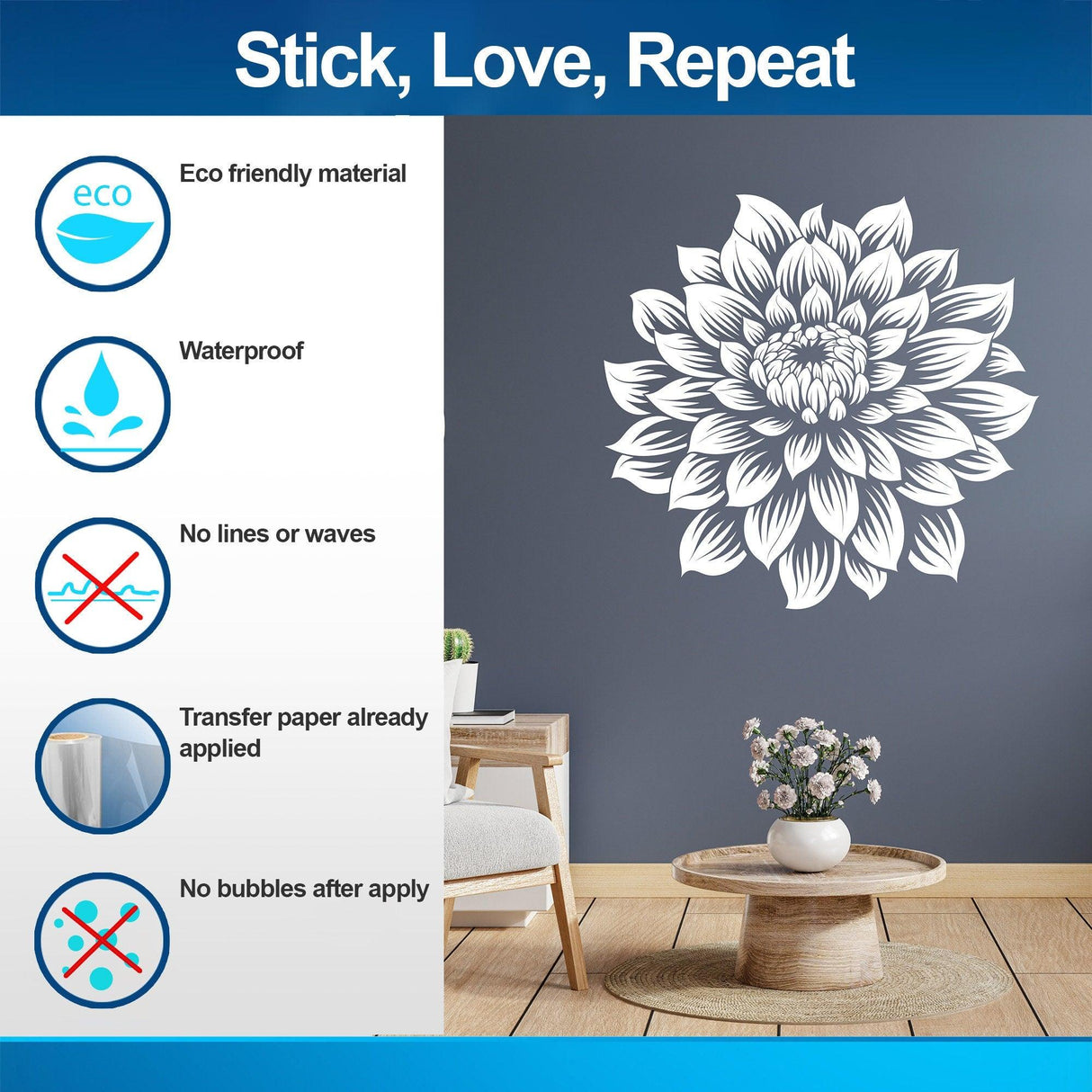 Large vinyl flower wall decal on a grey wall, showcasing eco-friendly features and ease of application.