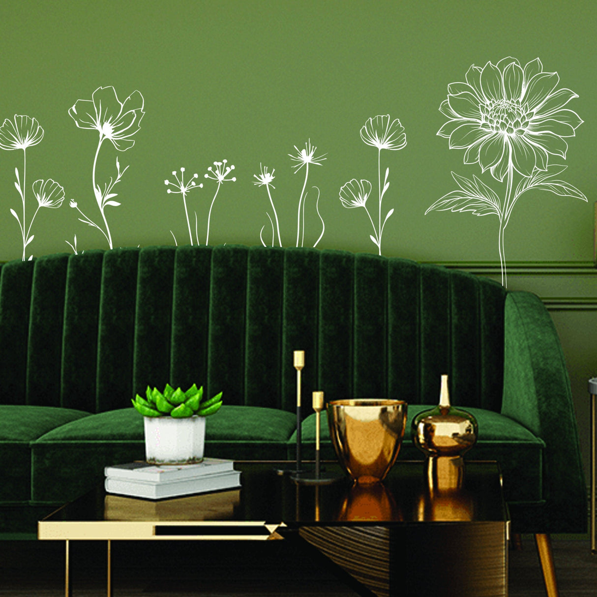 Elegant hand-sketched British wildflower wall stickers above a chic green sofa in a stylish living room.