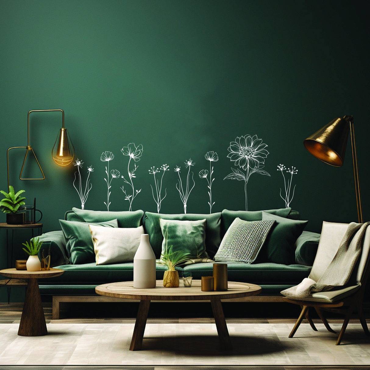 Exquisite hand-sketched British wildflower wall stickers above a stylish green sofa in an elegant living room.