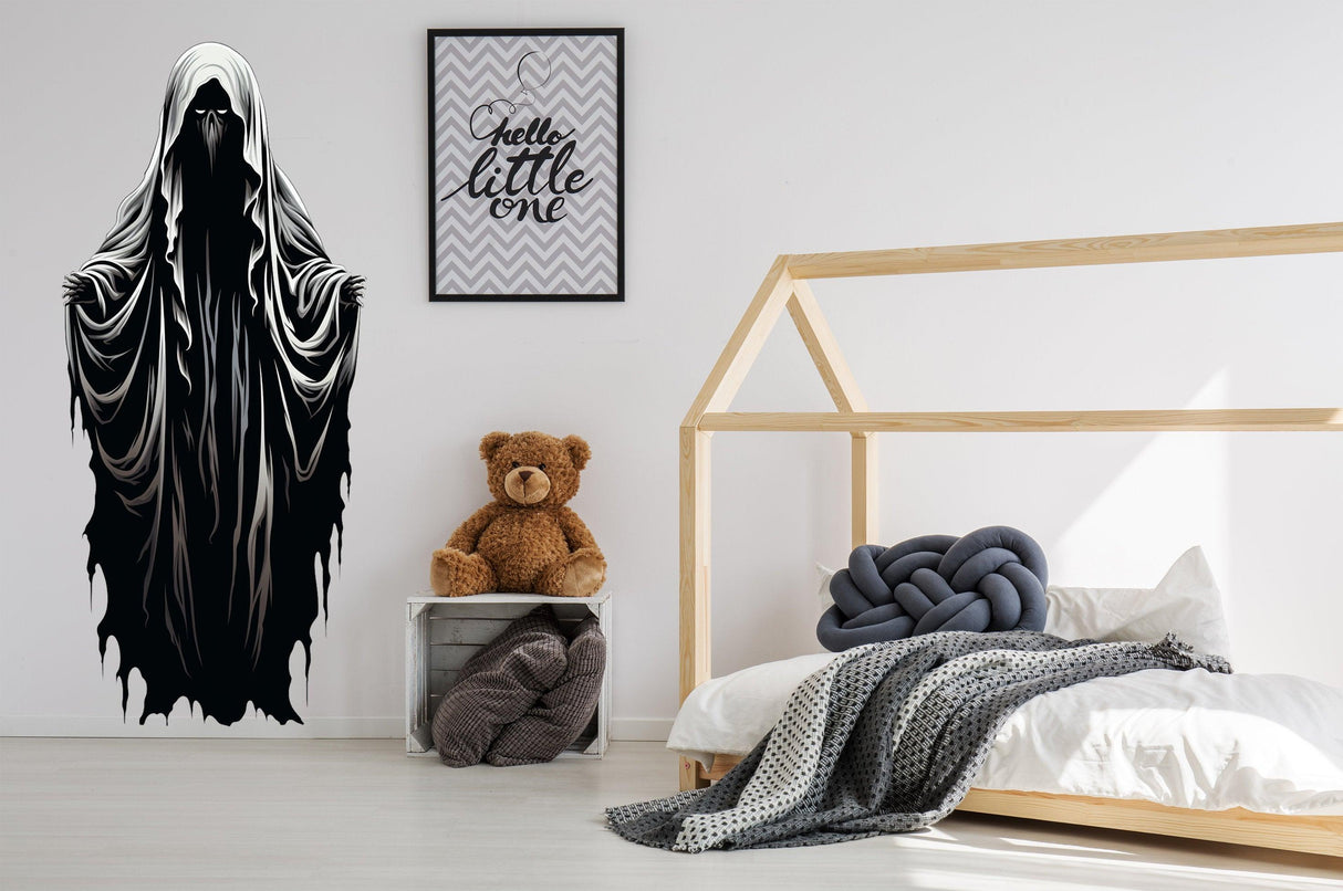 Halloween Haunting Ghoul Wall Art Decal in a cozy bedroom with a teddy bear and decorations.