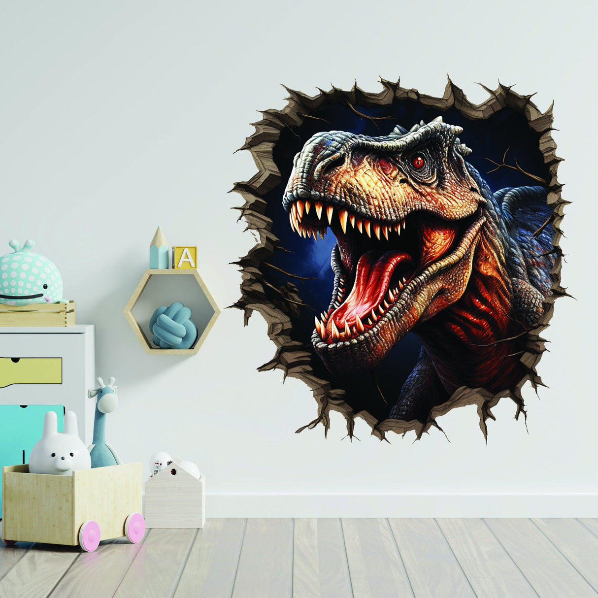 3D dinosaur wall decal featuring a roaring T-Rex illusion in a cracked wall design, perfect for kids' rooms.