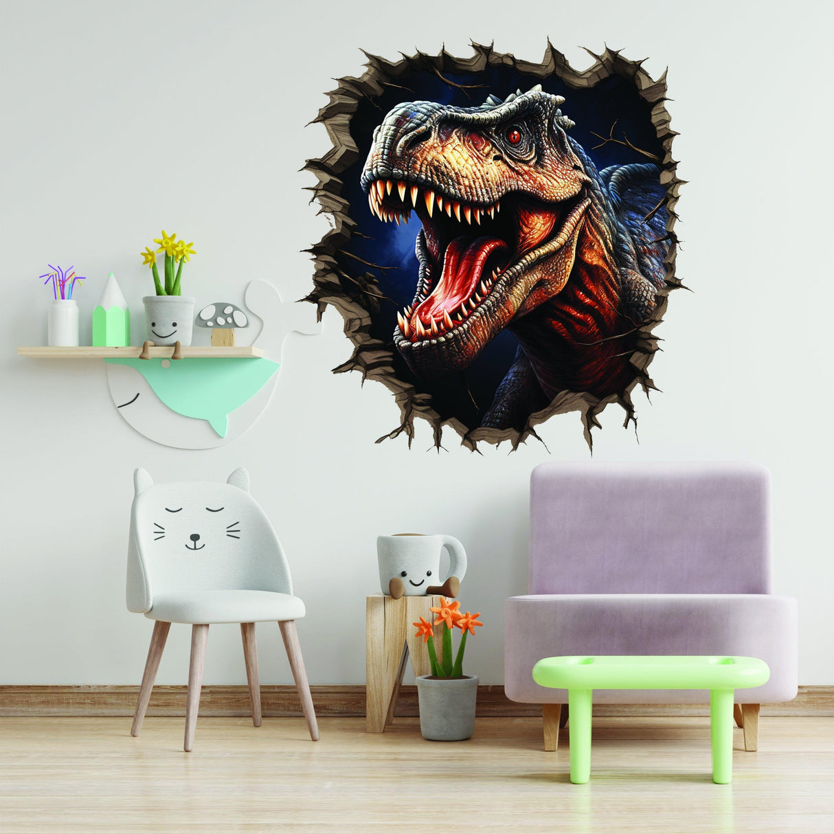 3D dinosaur wall decal featuring a roaring T-Rex emerging from a cracked wall, perfect for kids' rooms.
