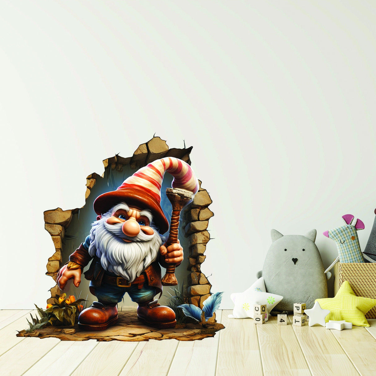 3D gnome wall hole sticker bringing whimsy to home decor, showcasing a gnome peeking from a broken wall.
