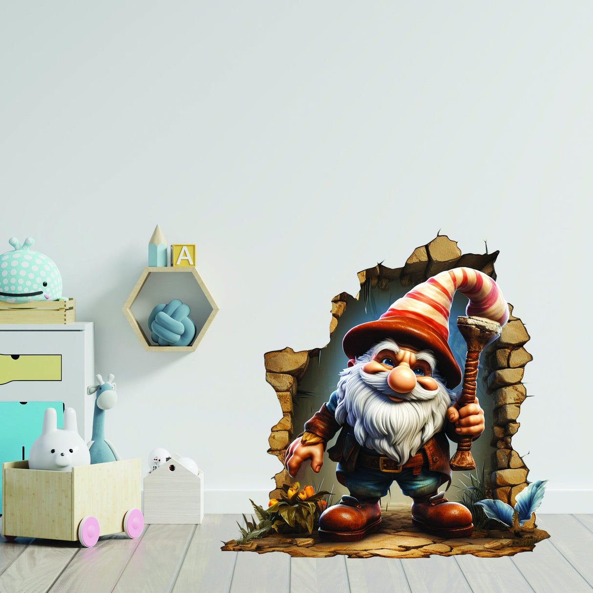 3D gnome wall hole decal peeking from troll hole, whimsical home decor for kids' rooms.