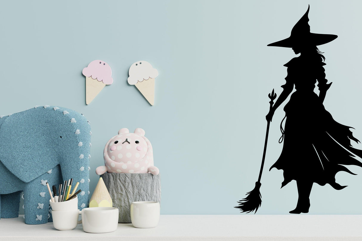 Wicked Witch Silhouette Window Decal in a playful room setting with colorful decor and accents.