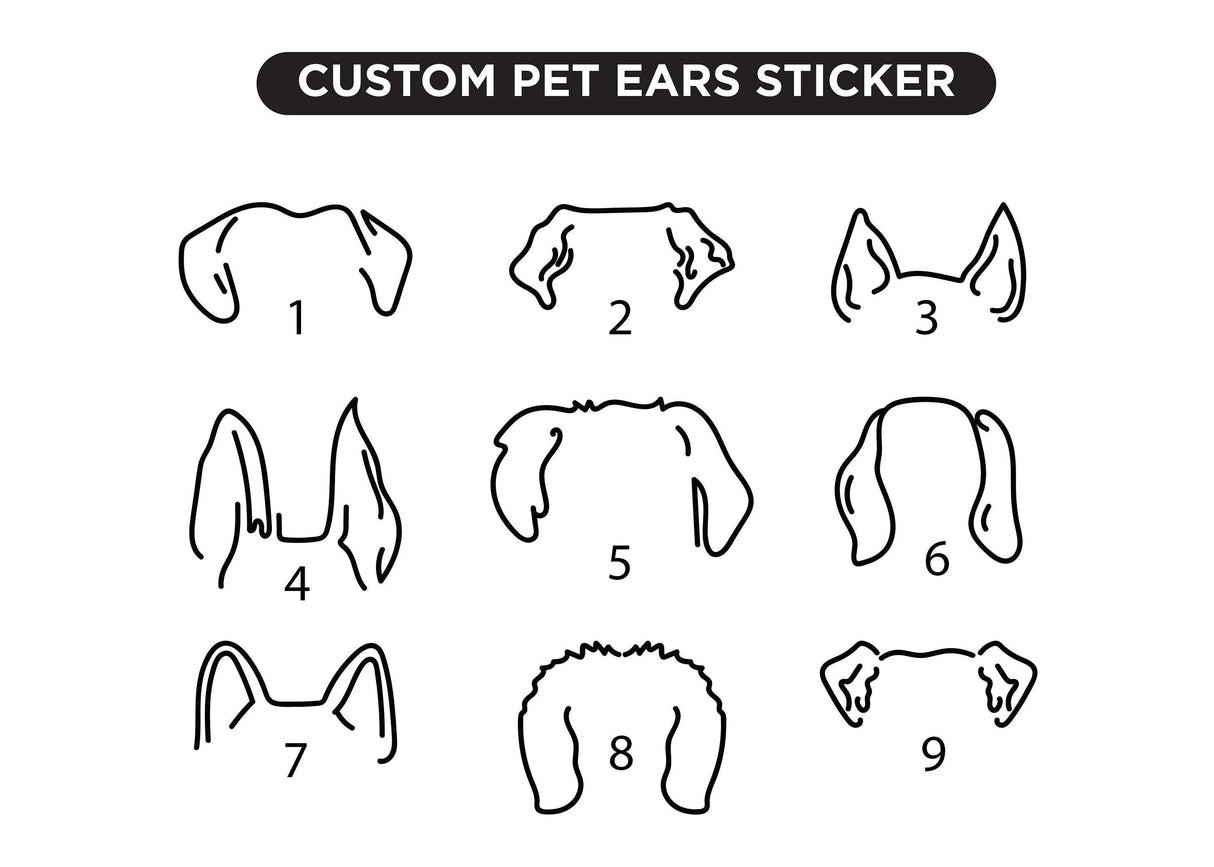 Custom pet ears sticker options featuring different dog ear designs for personalized decals.
