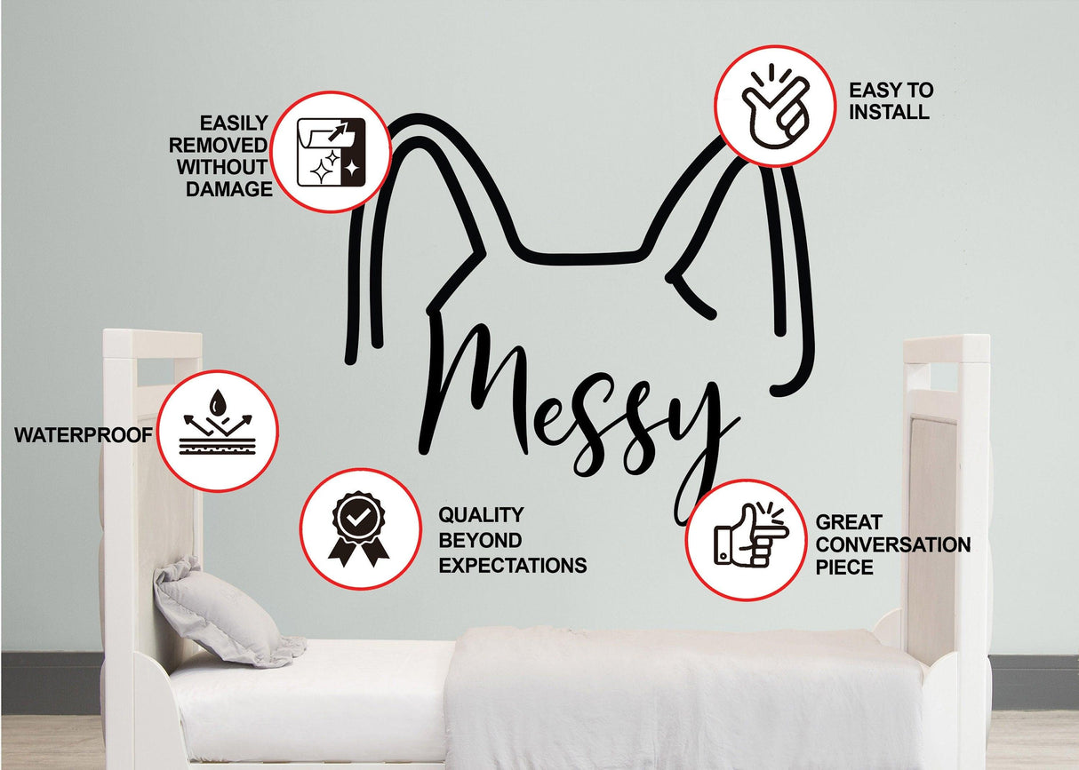 Custom pet ears sticker design showcasing easy installation, waterproof quality, and removable features on a bedroom wall.