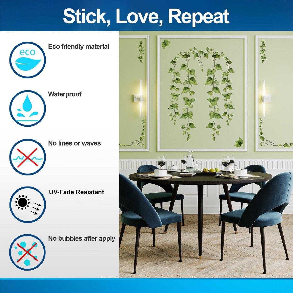 Features of the Hanging Vine Wall Sticker: eco-friendly, waterproof, bubble-free application, UV-fade resistant, no lines or waves.