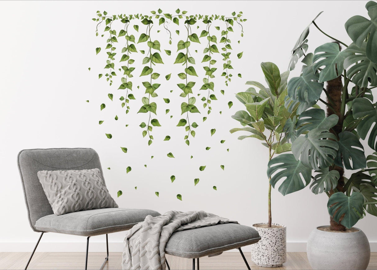 Hanging Vine Wall Sticker featuring green ivy leaves, ideal for enhancing living room decor.