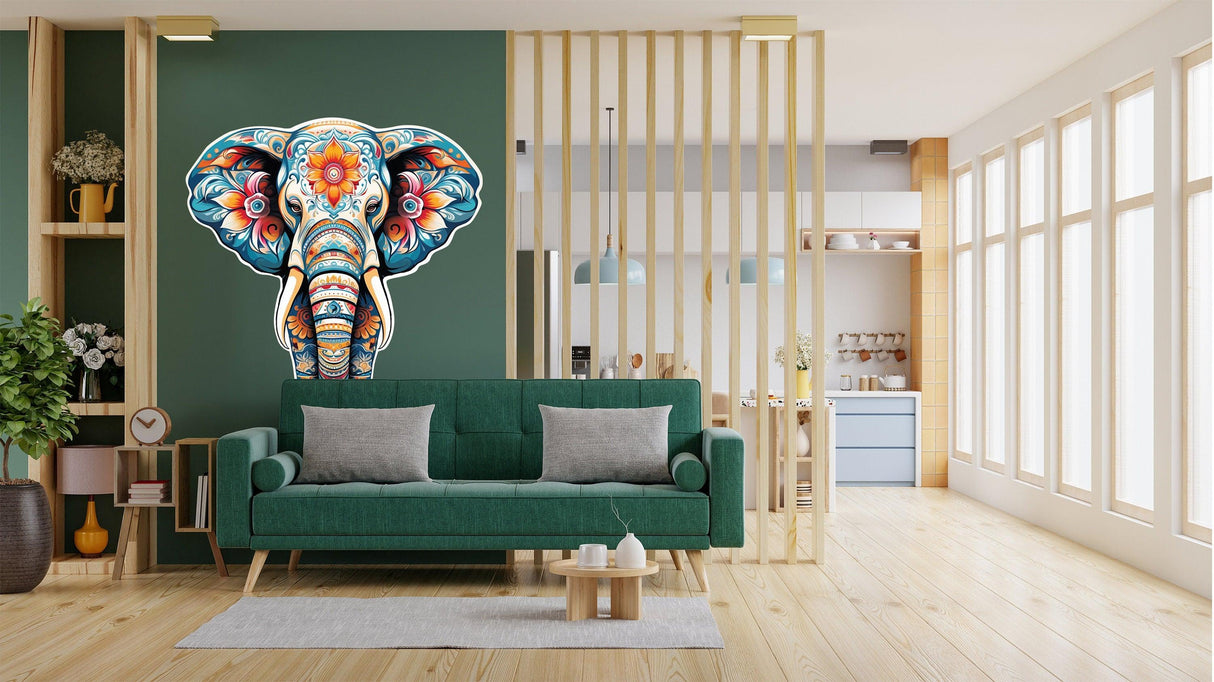 Vibrant Floral Elephant Wall Decal in a modern living room setting, enhancing decor with colorful patterns.
