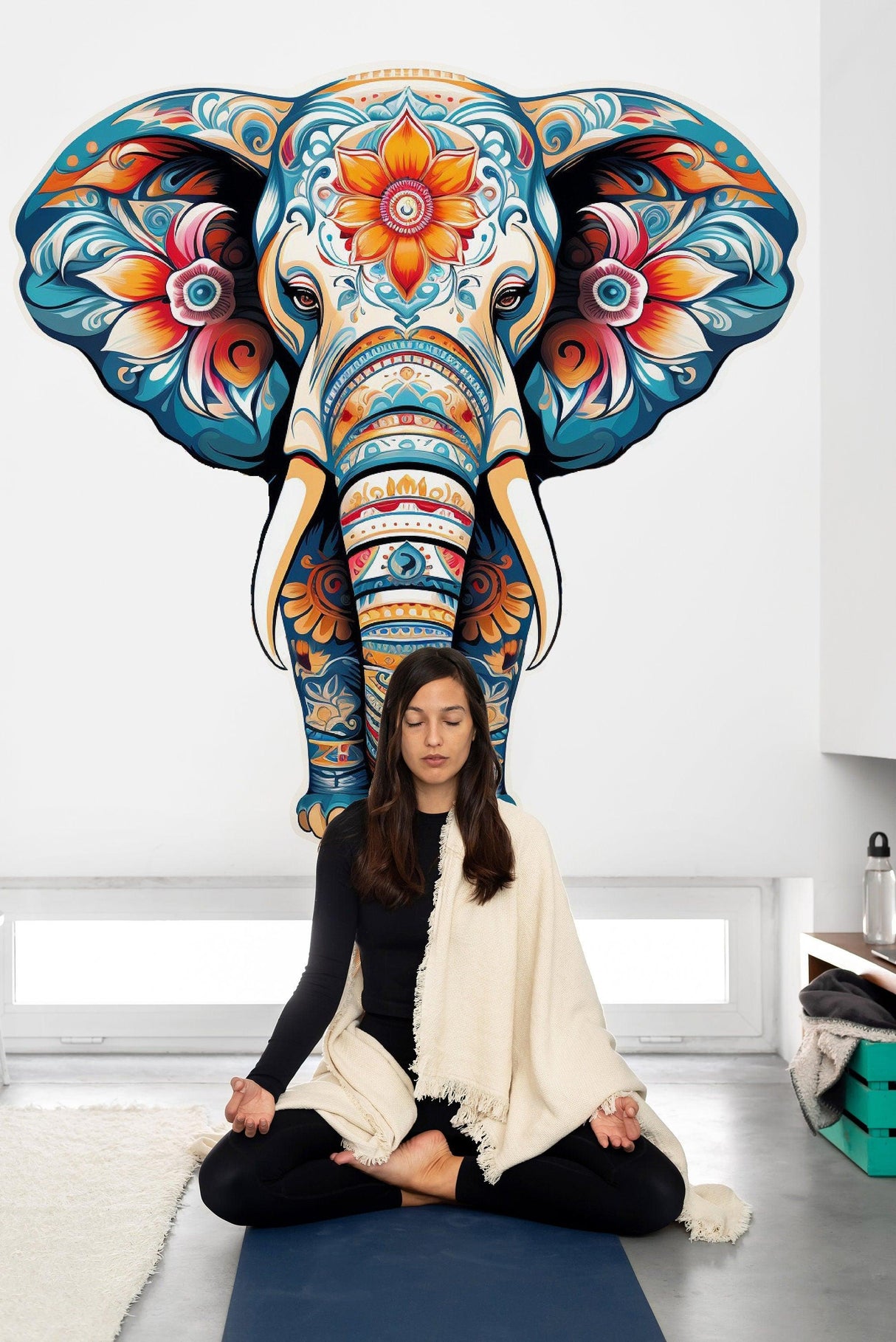 Colorful Floral Elephant Wall Decal in yoga space with woman meditating, perfect for kids and nursery decor.