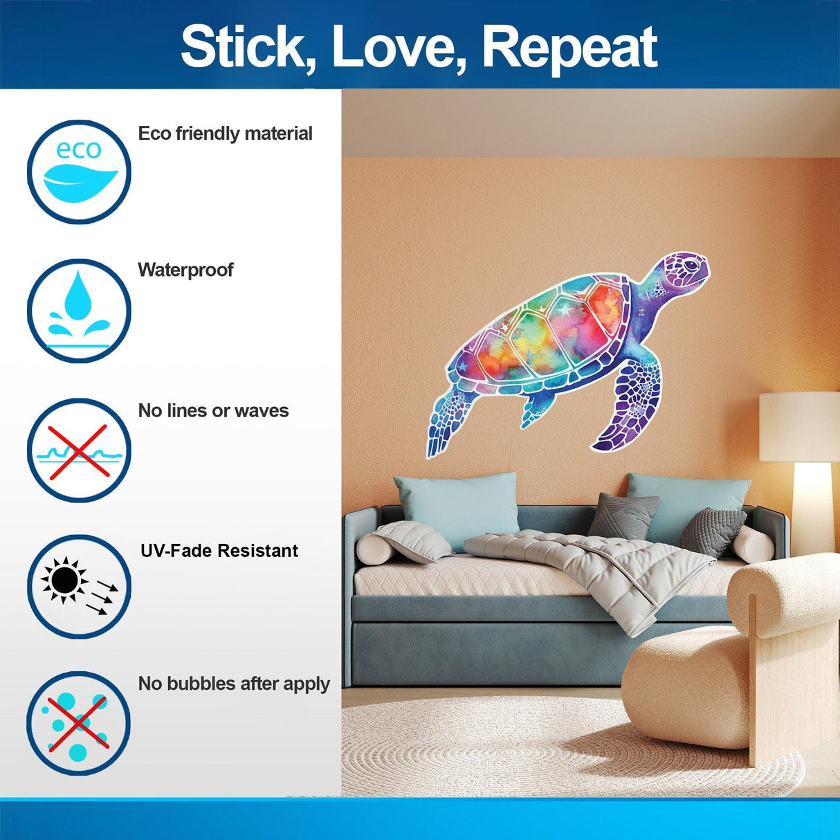 Colorful radiant sea turtle wall decal showcasing eco-friendly features and easy application.