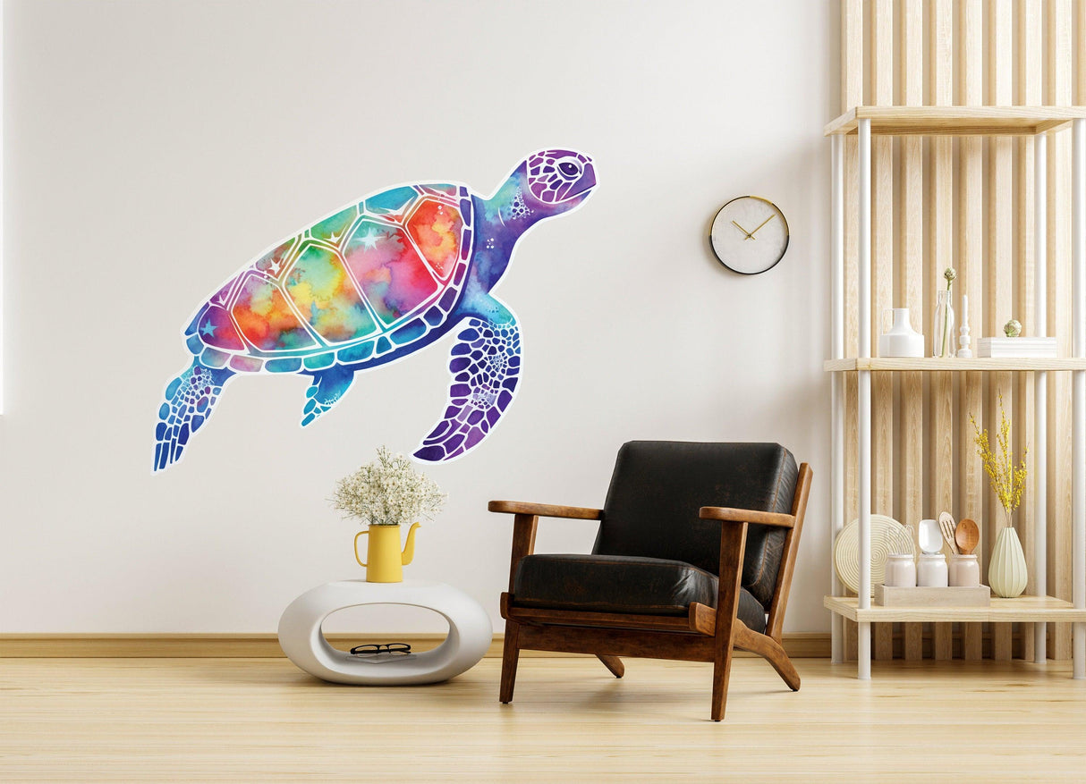 Vibrant sea turtle wall decal in a modern living room setting, enhancing marine-themed decor.