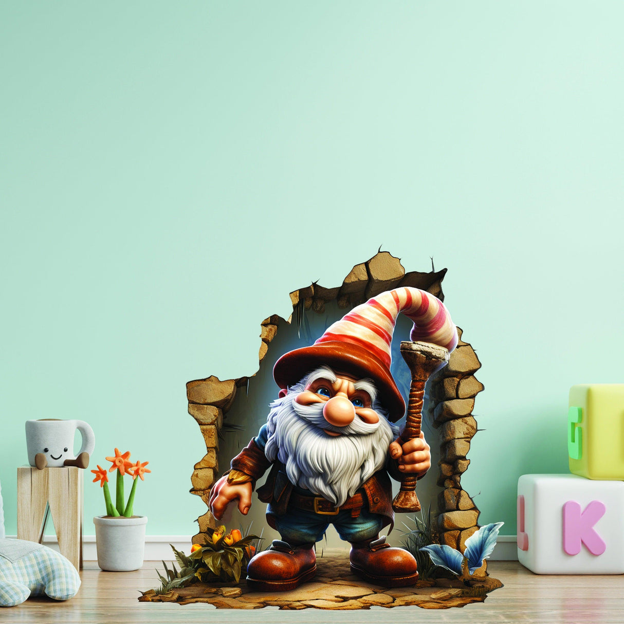 3D gnome wall hole sticker in playful setting, perfect whimsical decor for kids' rooms.