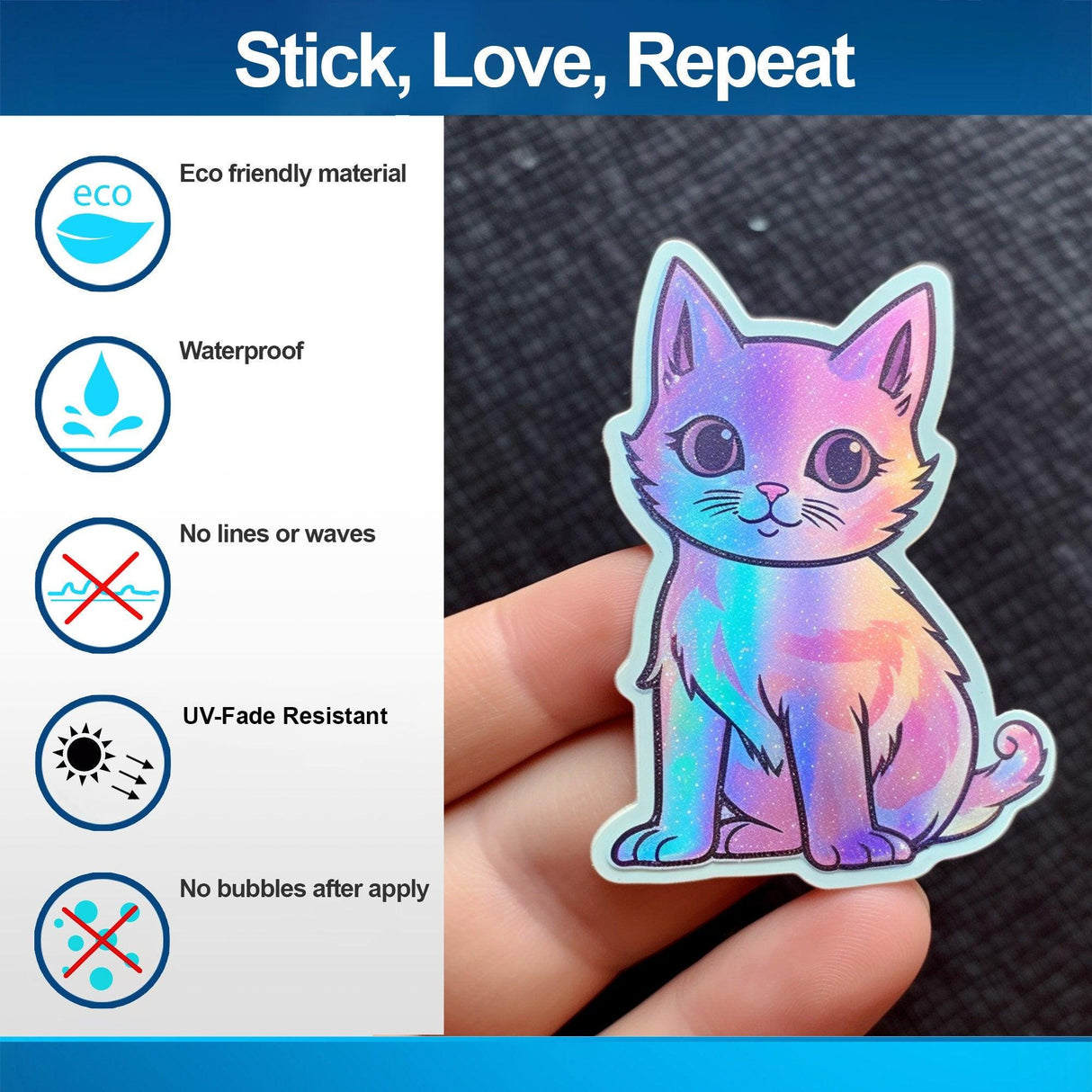 Holographic cat sticker features eco-friendly material, waterproof, UV-fade resistant; perfect for personalizing items.