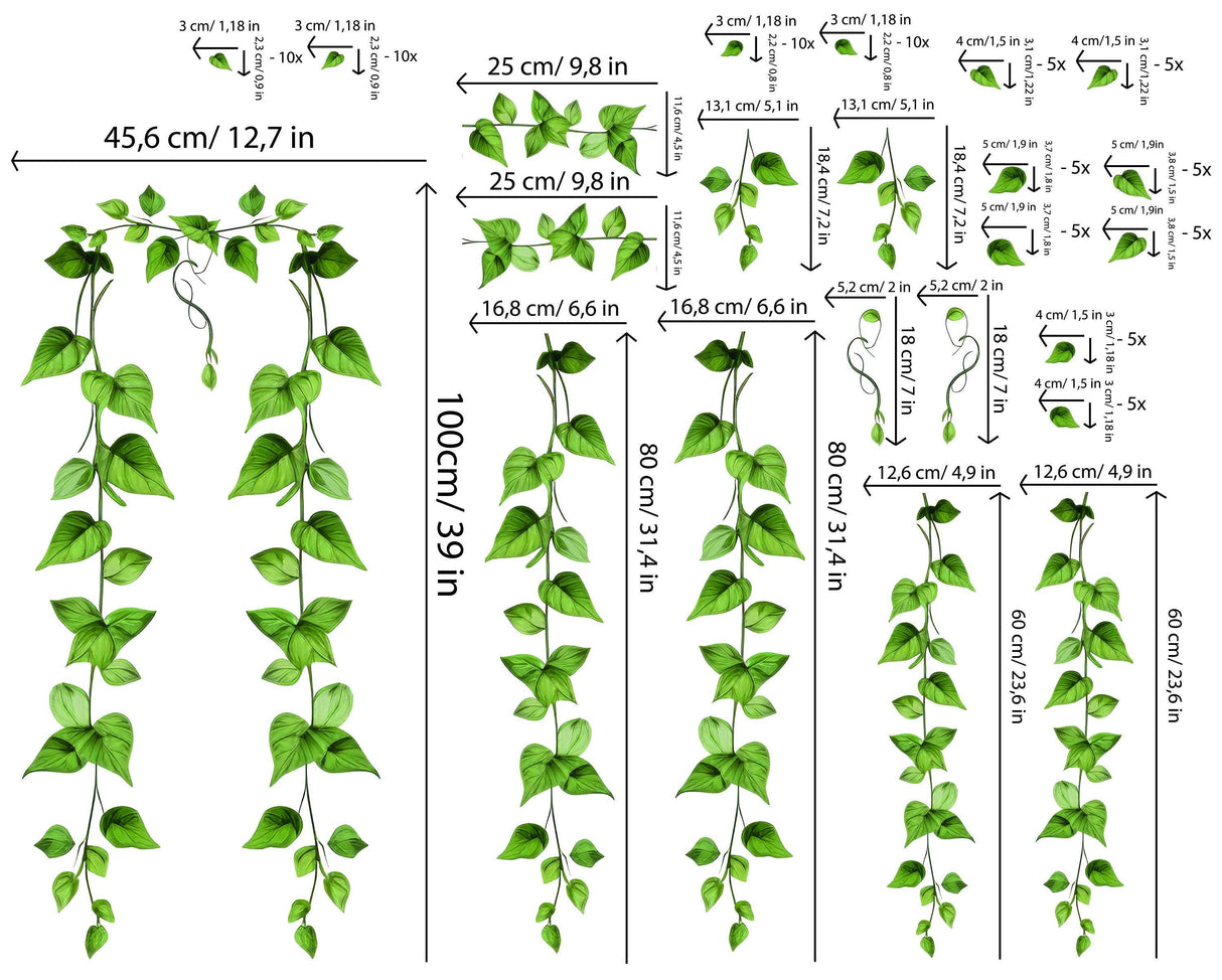 Hanging Vine Wall Sticker featuring green ivy leaves with various sizes for versatile home decor.