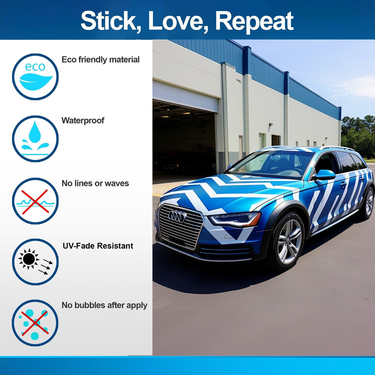 Vinyl car wrap featuring eco-friendly, waterproof, UV-resistant material with no bubbles after application.