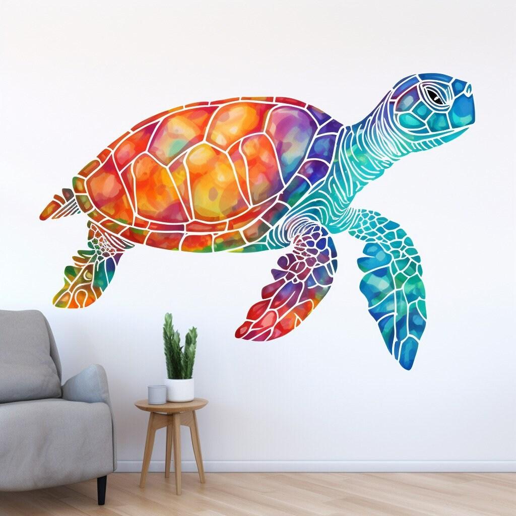 Vibrant rainbow sea turtle wall decal on a white wall, adding a lively ocean theme to any room.