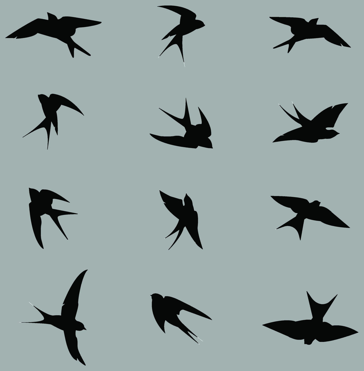Black bird silhouette decals in various flying positions on a light background, ideal for window protection.