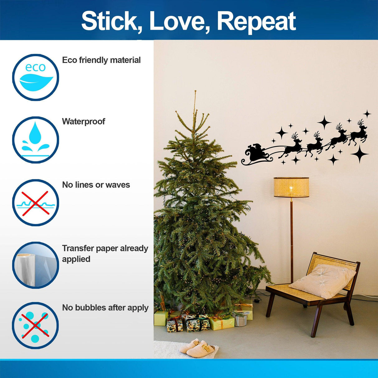 Santa sleigh and reindeer wall decal displayed next to a Christmas tree, showcasing eco-friendly, waterproof features.
