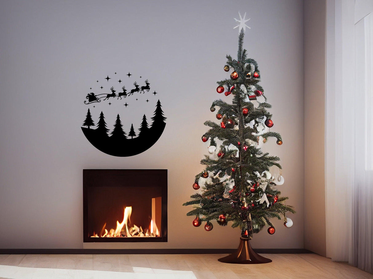 Circular Santa sleigh and deers wall decal above a festive Christmas tree and cozy fireplace.