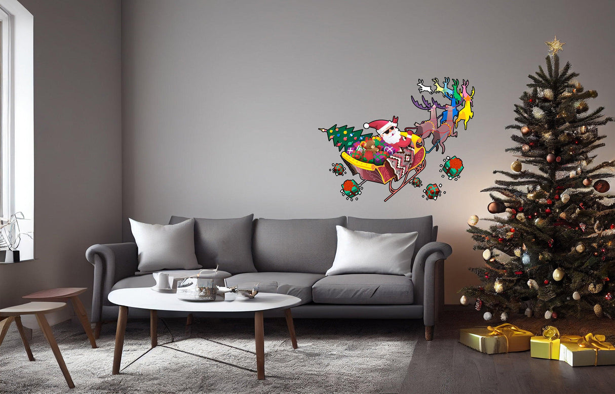 Colorful humorous Santa in glasses and sleigh wall decal above cozy sofa, festive tree in Christmas decor.