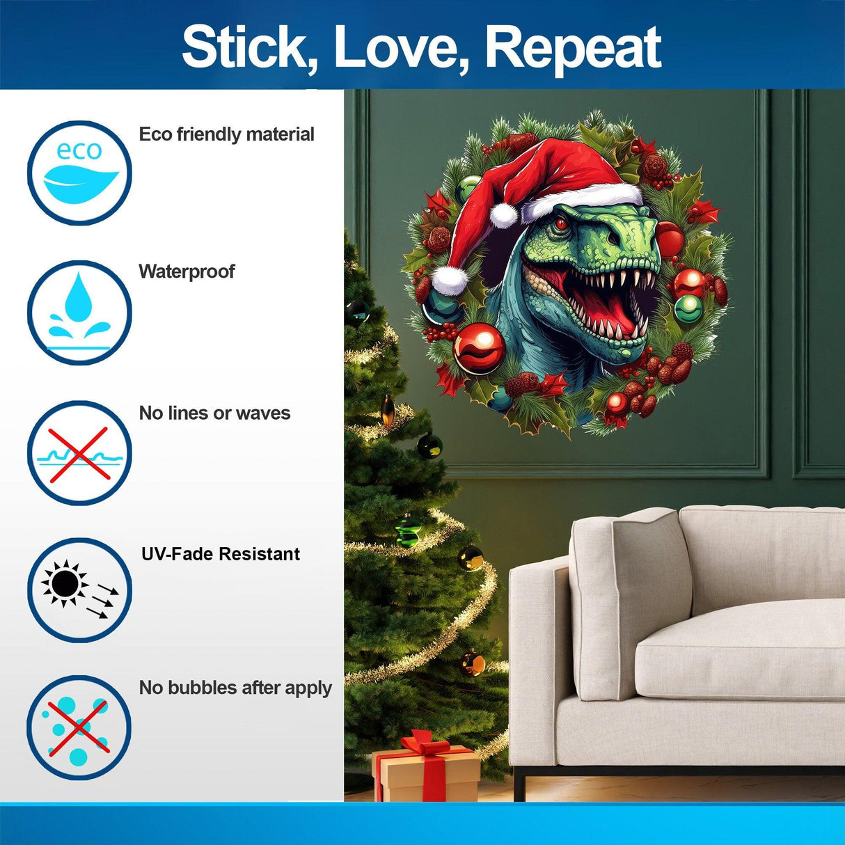 Dino Merry Christmas Wreath Wall Decal with T-Rex in red hat, eco-friendly material, waterproof and UV-fade resistant.