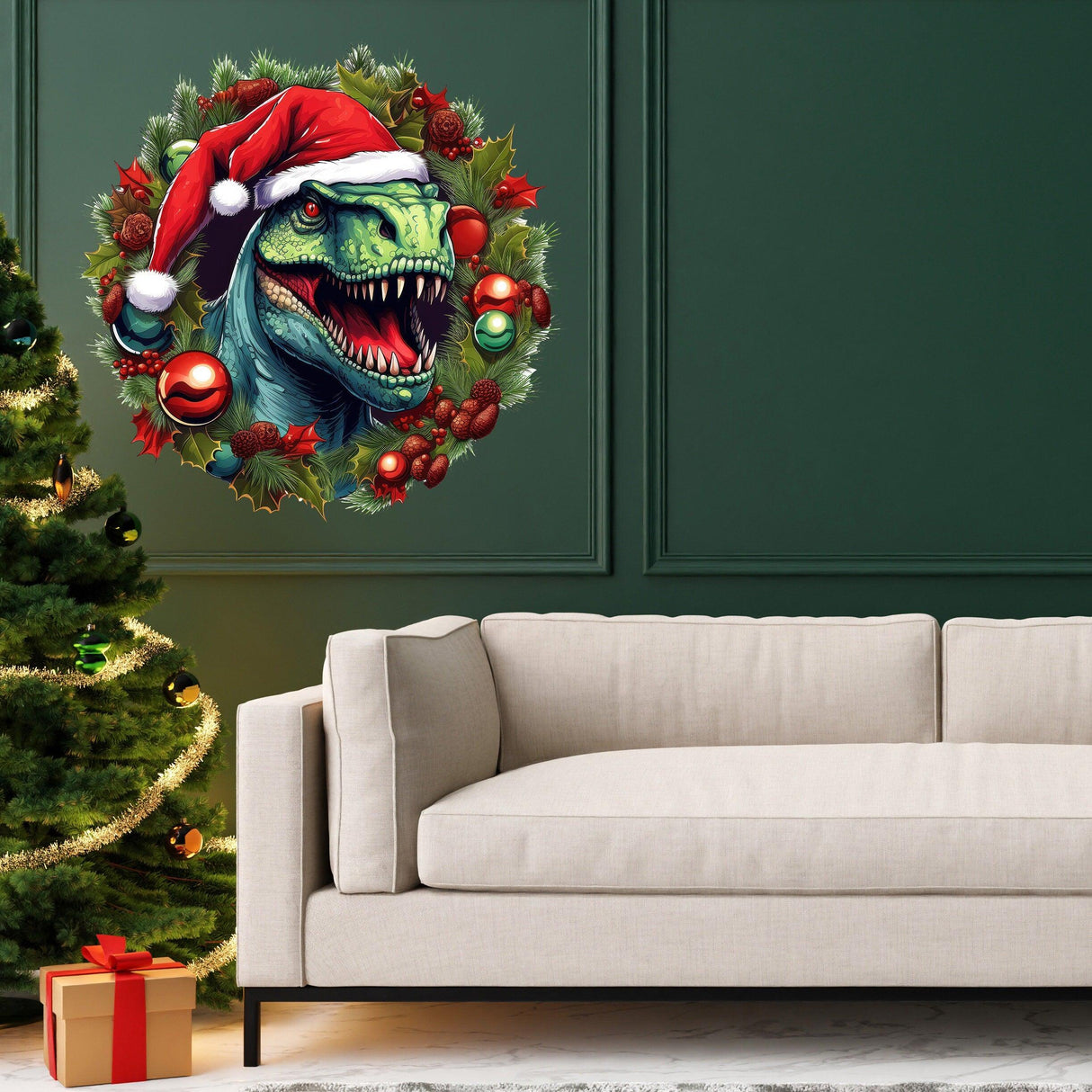 Dino Merry Christmas wreath wall decal featuring a smiling T-Rex in a red hat, adding festive fun to holiday decor.