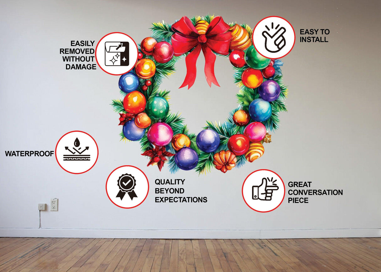 Colorful watercolor Christmas wreath wall decal with red bow and icons highlighting features like easy installation and waterproof.
