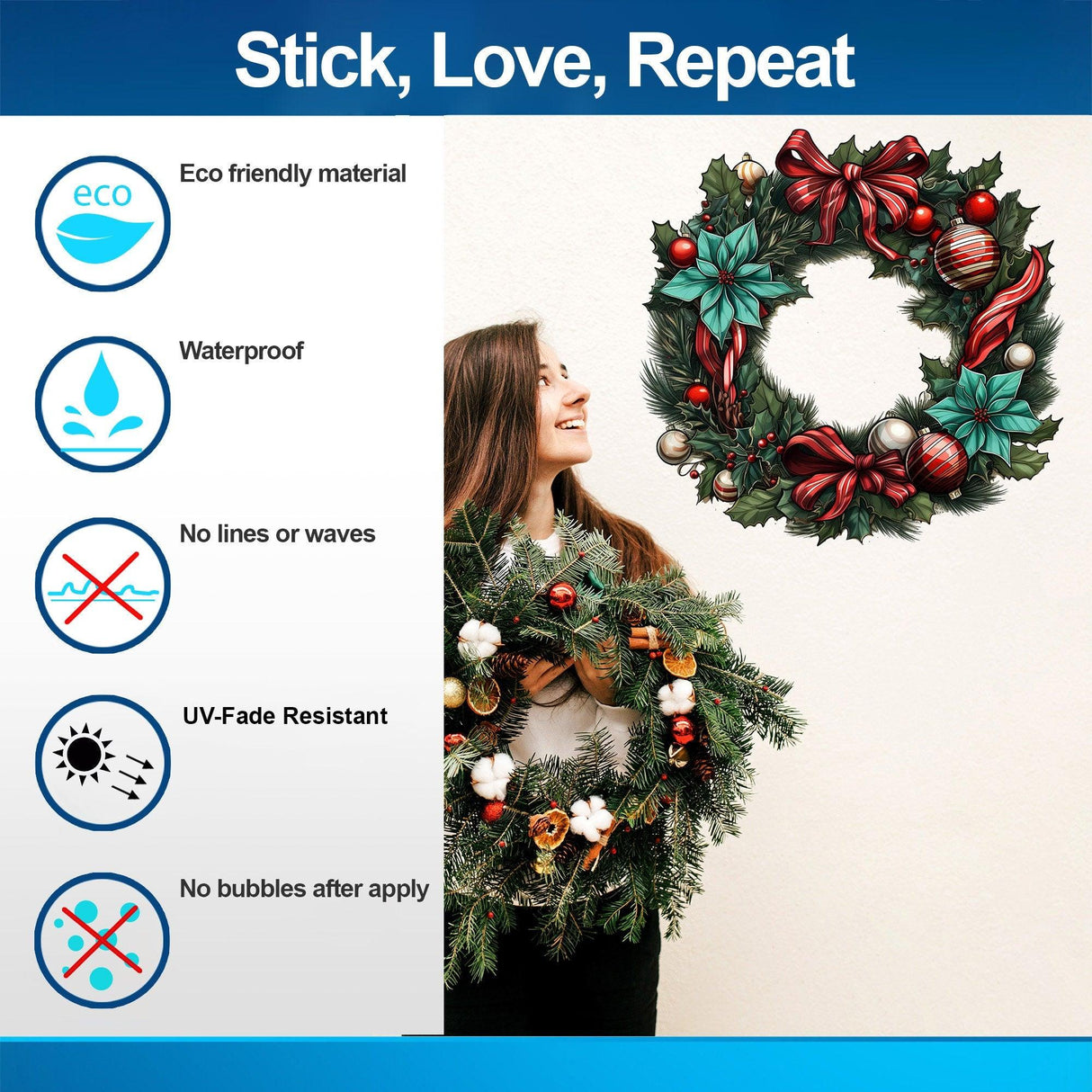 Lifelike Christmas wreath wall decal showcasing elegance and eco-friendly features, perfect for festive home decor.