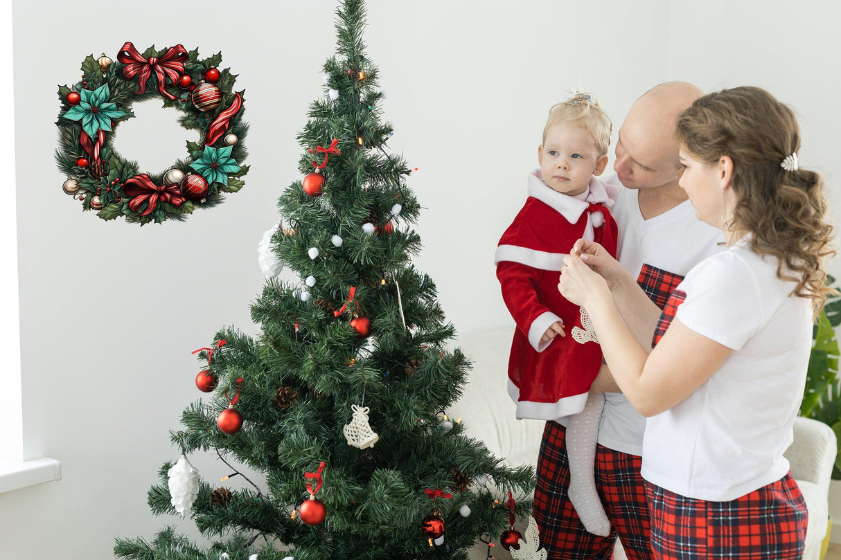 Family decorating a Christmas tree with a wreath decal above, celebrating the festive season together.