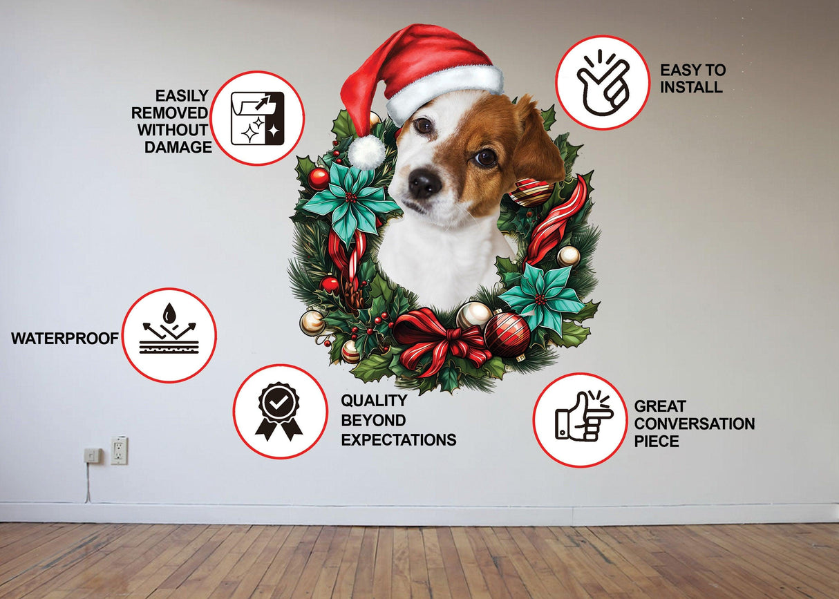 Custom Pet Christmas Wreath Wall Decal featuring a dog in a festive red hat, easy to install and waterproof.