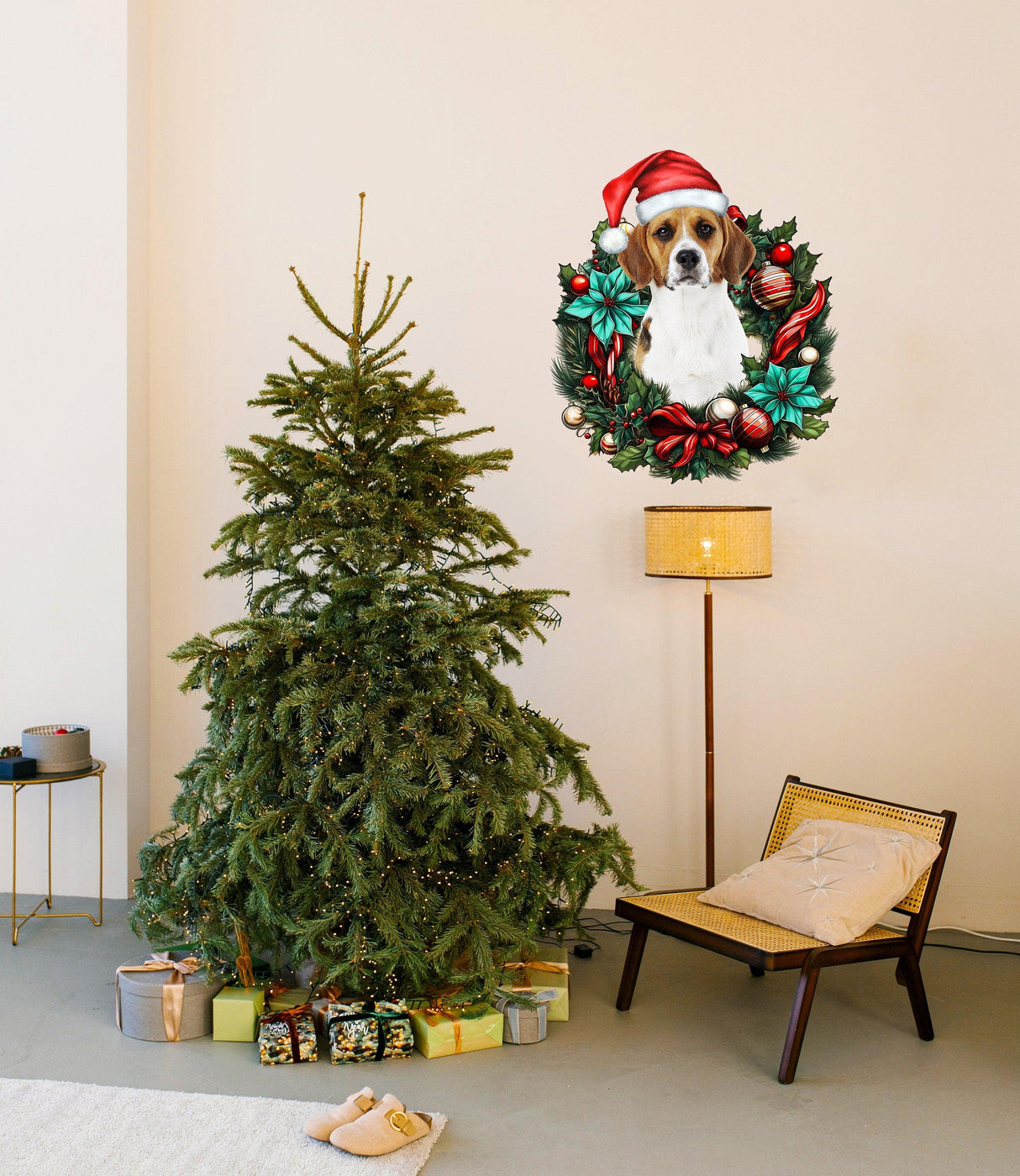 Custom pet Christmas wreath wall decal featuring a dog in a Santa hat above a holiday tree.