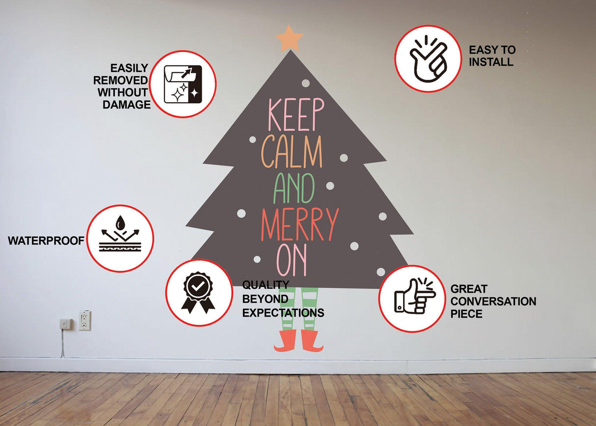 Whimsical Christmas tree vinyl sticker with legs, featuring 'Keep Calm and Merry On' and product highlights.