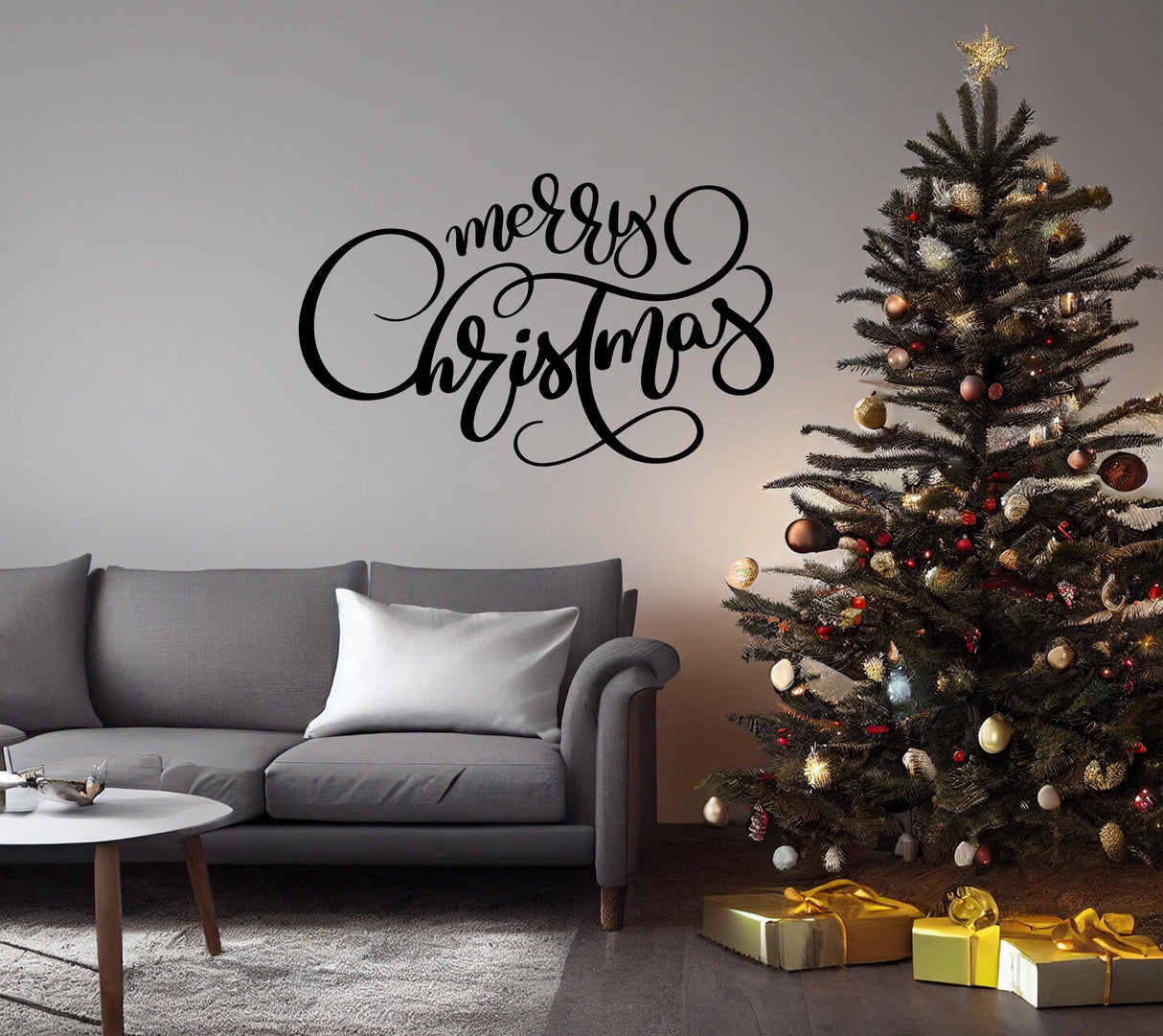 Elegant 'Merry Christmas' wall vinyl sticker above a cozy sofa and Christmas tree, perfect festive living room decor.