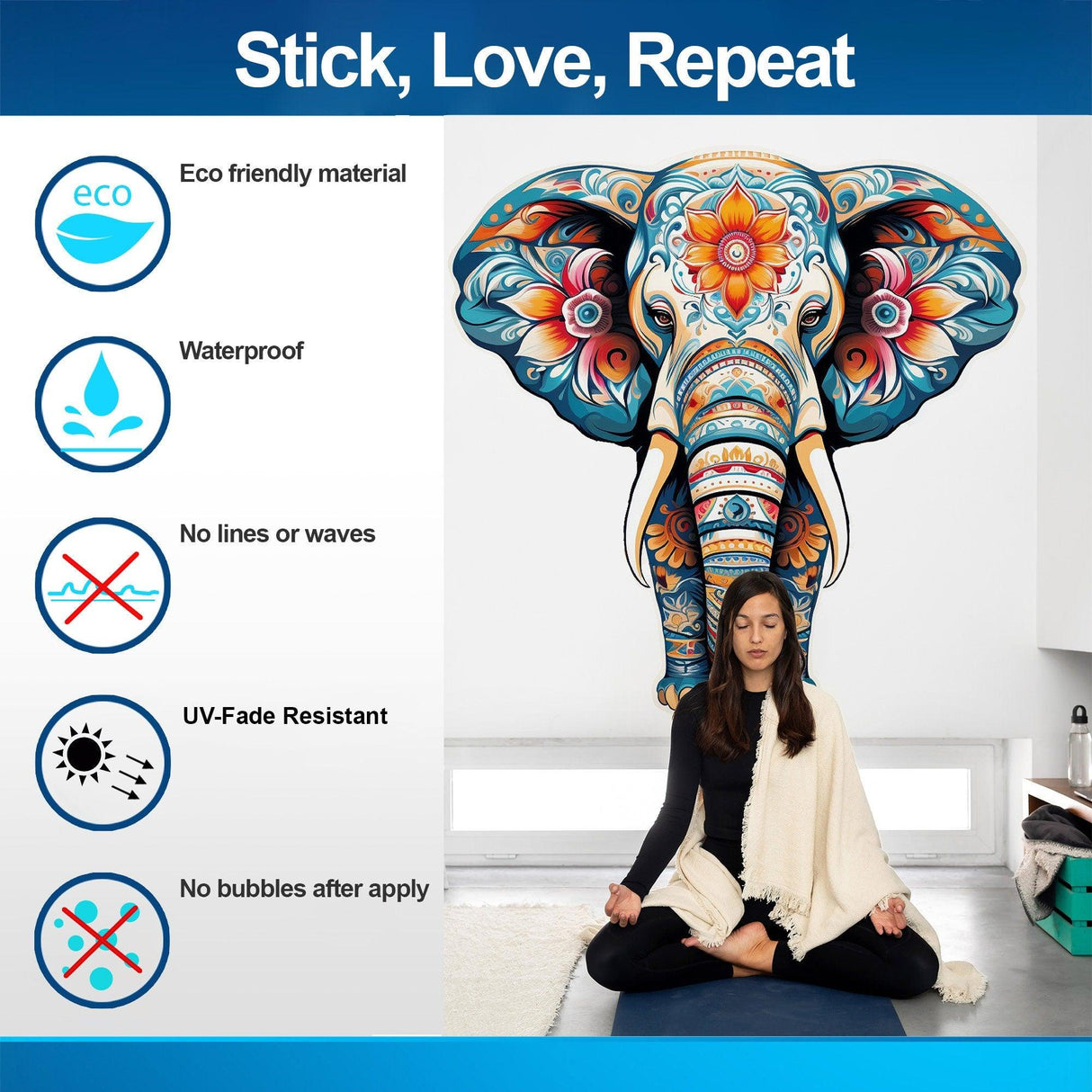 Colorful Floral Elephant Wall Decal with eco-friendly features and a meditating woman in a bright room.