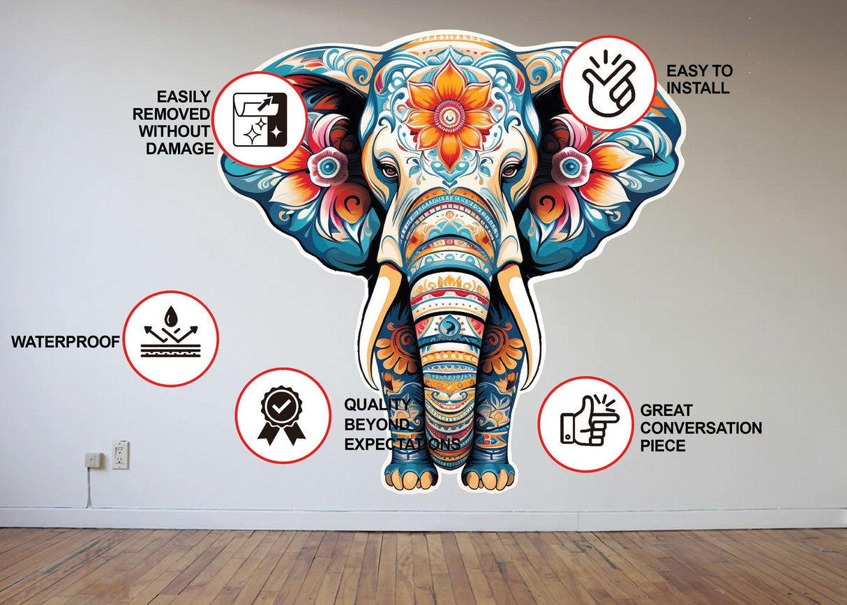 Colorful Floral Elephant Wall Decal with installation features highlighted for kids' and nursery rooms.
