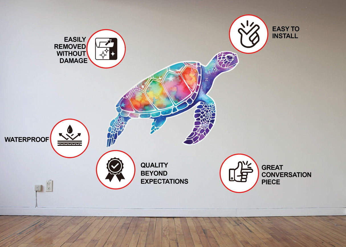 Colorful sea turtle wall decal with features listed: easy installation, waterproof, removable, and high quality.