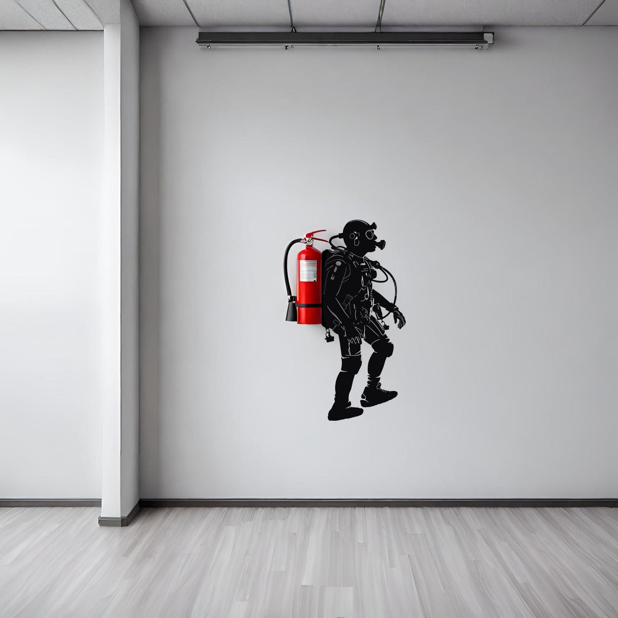 Creative scuba diver silhouette wall sticker with fire extinguisher design on a modern interior wall.