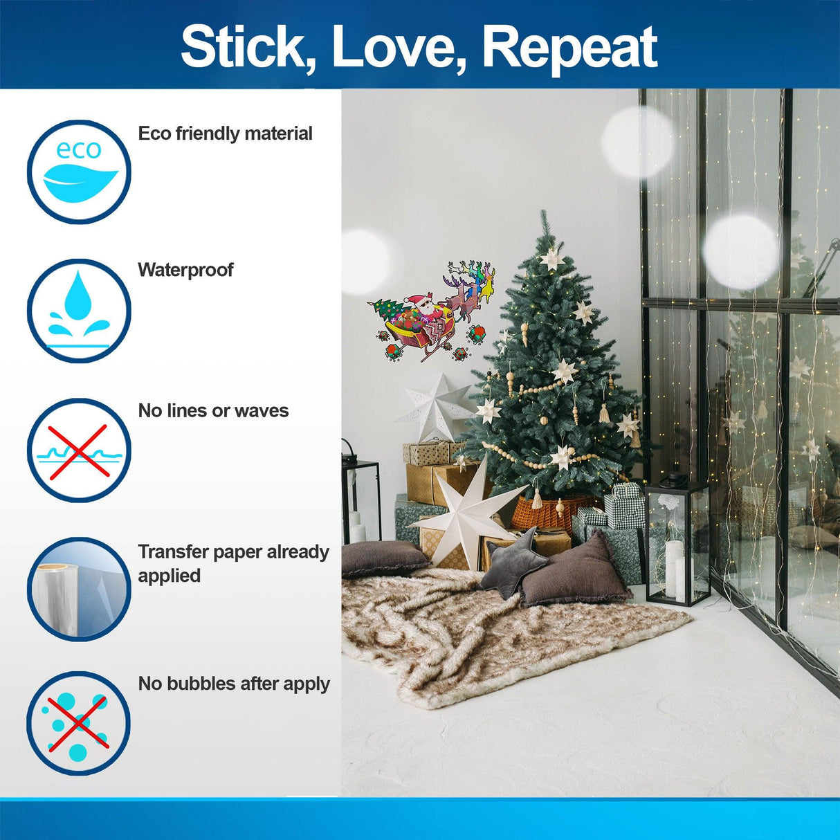 Eco-friendly waterproof wall decals with no bubbles, easy application, and vibrant Christmas decor.