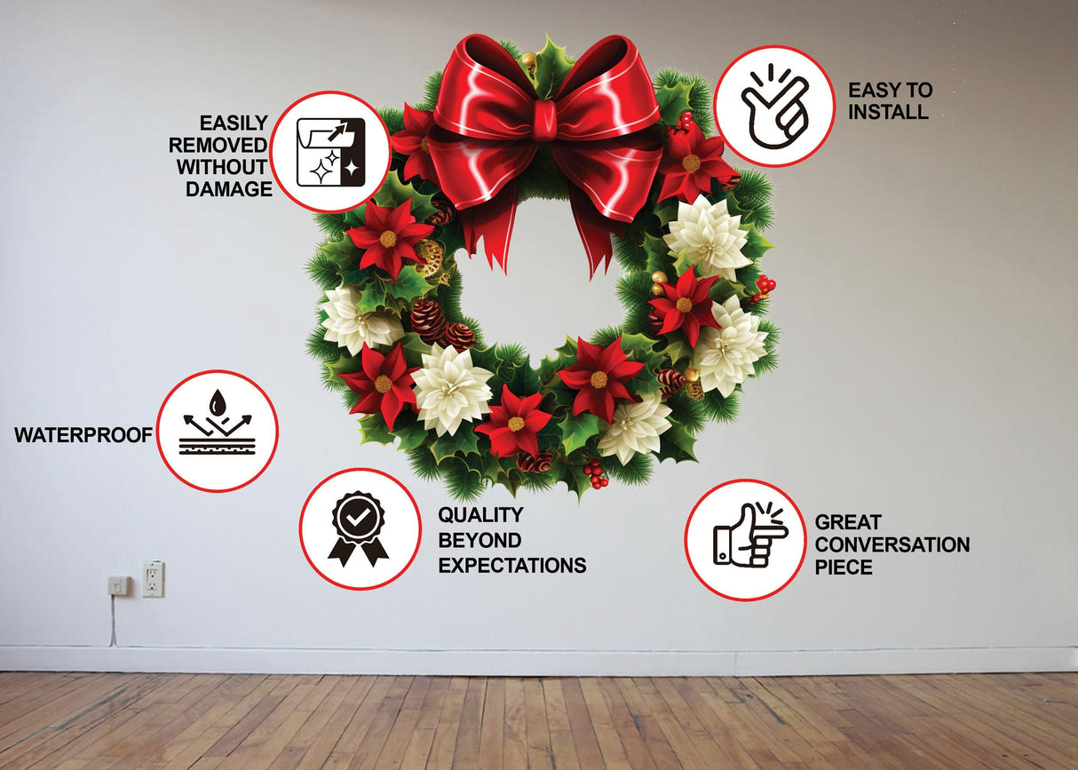Floral green wreath wall decal with red bow, easy to install, waterproof, and a charming addition to Christmas decor.