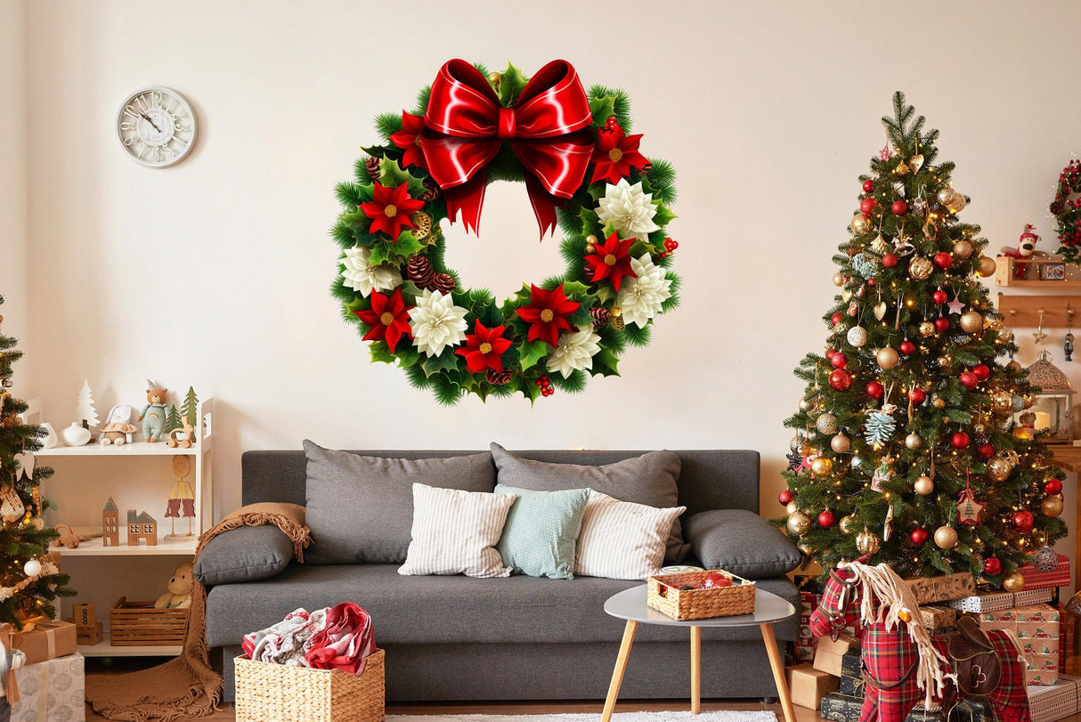 Floral green wreath wall decal with red bow, perfect for Christmas decor in a festive living room.