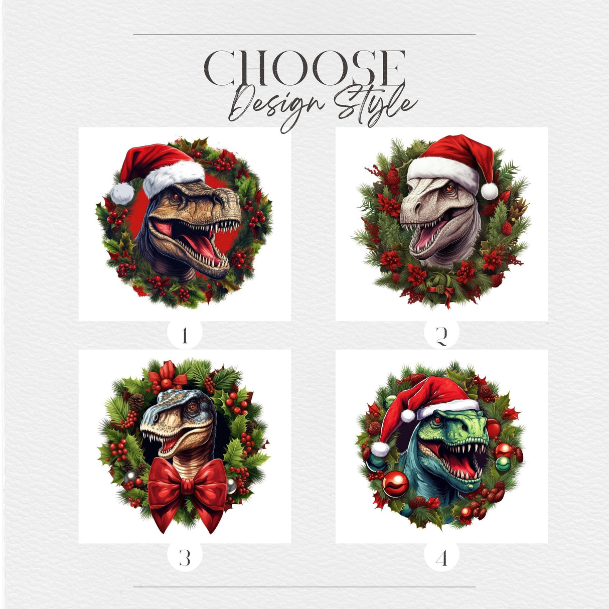 Four design options for festive dinosaur wreath wall decals featuring T-Rex in Santa hats and holiday decorations.