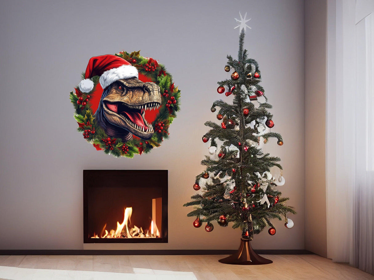Dino Merry Christmas Wreath Wall Decal featuring a T-Rex in a red hat next to a decorated Christmas tree.