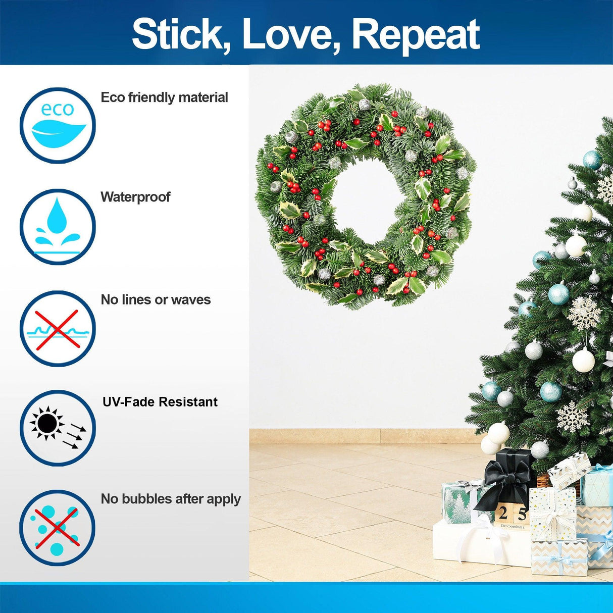 Eco-friendly Verdant Christmas Wreath wall decal with green leaves and red berries; perfect holiday decor.