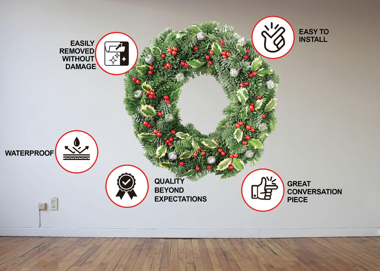 Verdant Christmas wreath wall decal featuring green leaves and red berries with installation and quality details highlighted.