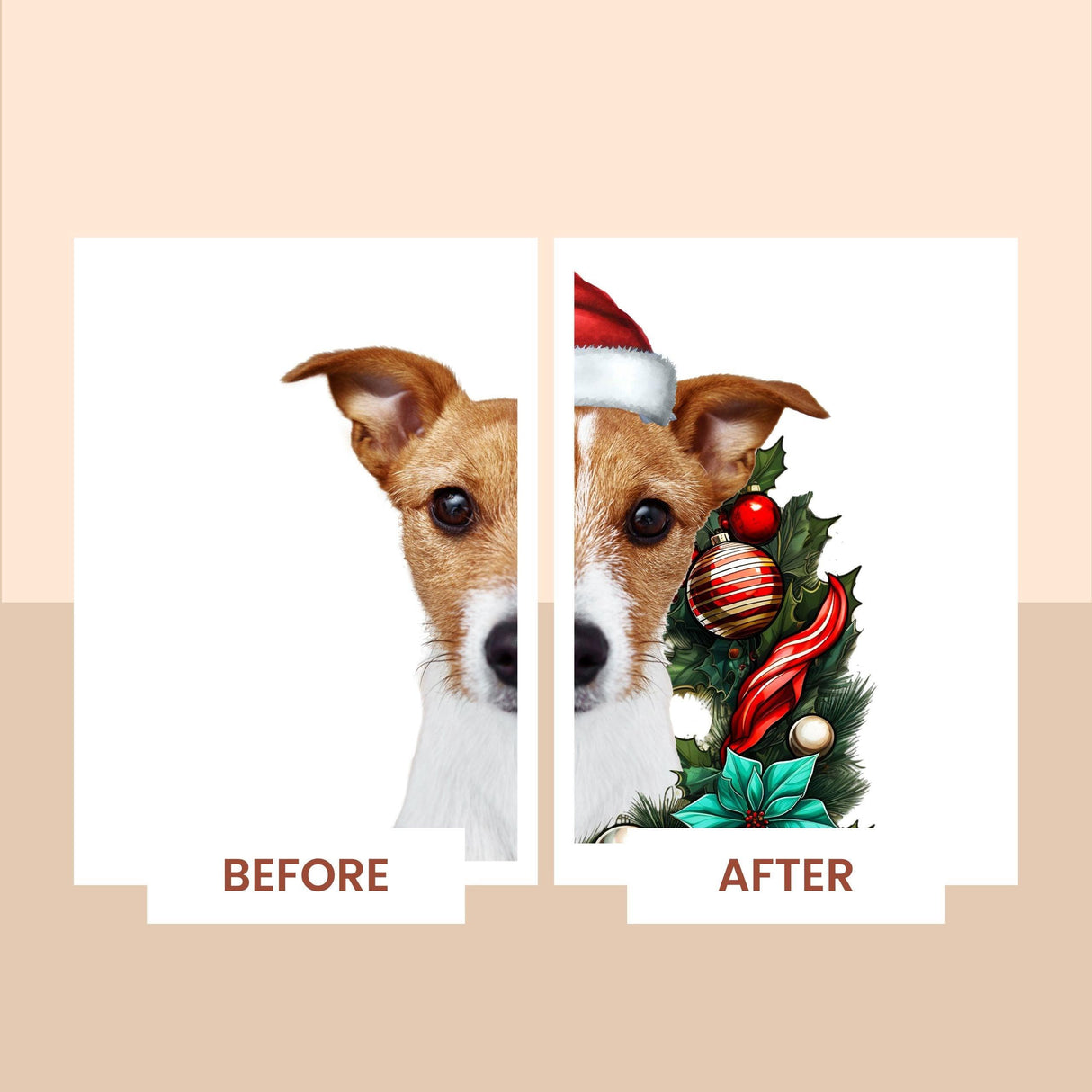 Before and after image of a dog in a Santa hat with a Christmas wreath design, showcasing a personalized pet wall decal.