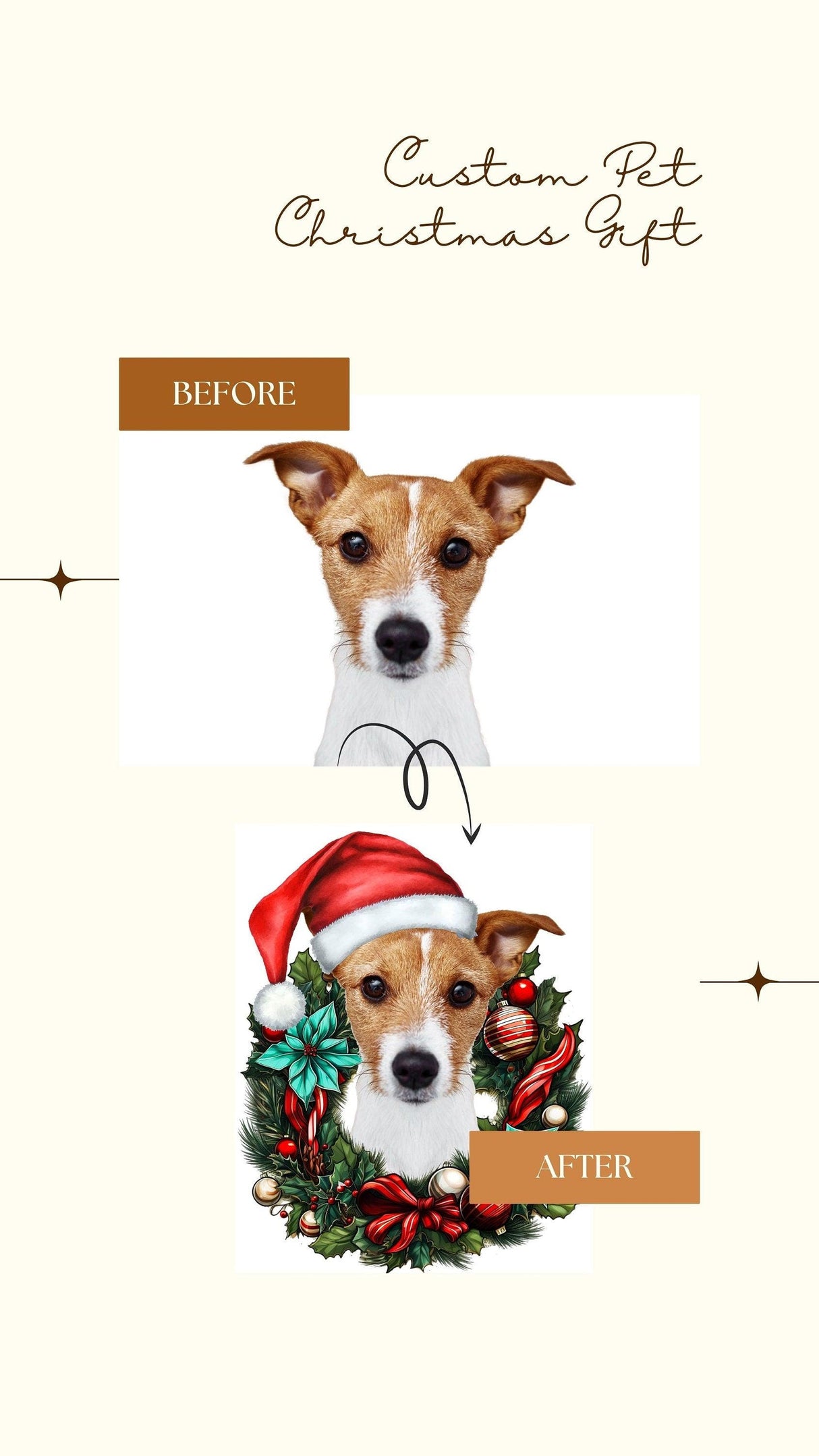 Custom Pet Christmas Wreath Wall Decal, showcasing before and after images of a dog in holiday decor.