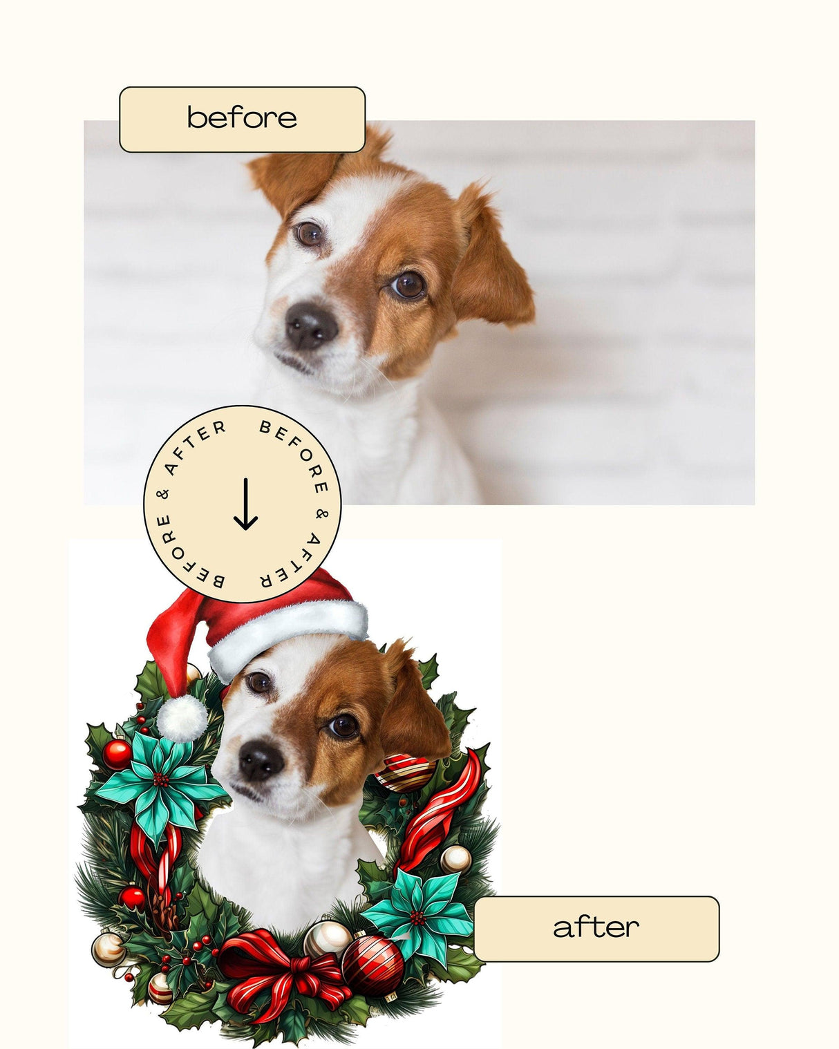 Before and after image of a dog with a Christmas wreath decal and red hat festive decor.